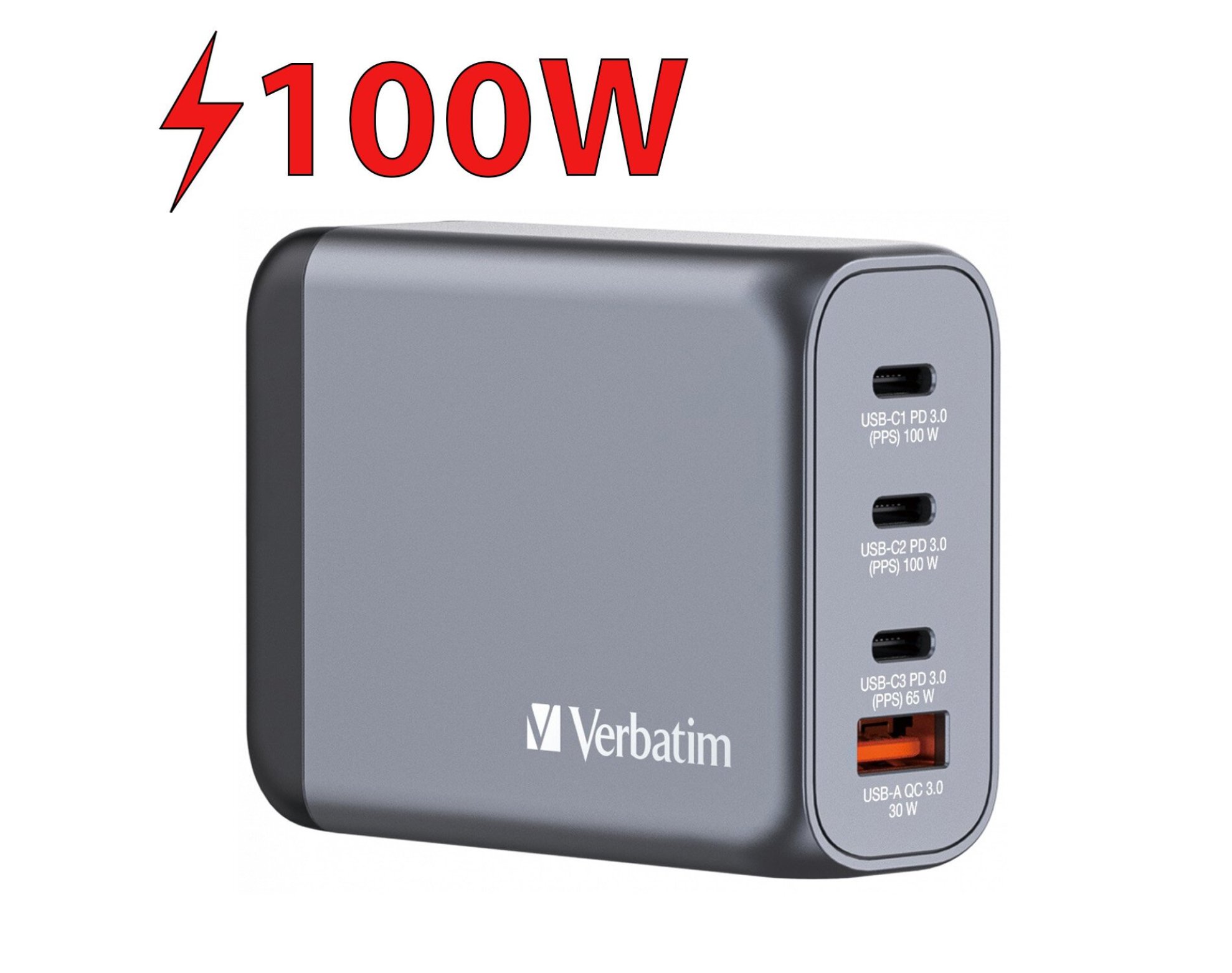 Ładowarka sieciowa VERBATIM GNC-100 GaN 100W + Adapter EU/UK/US Szary