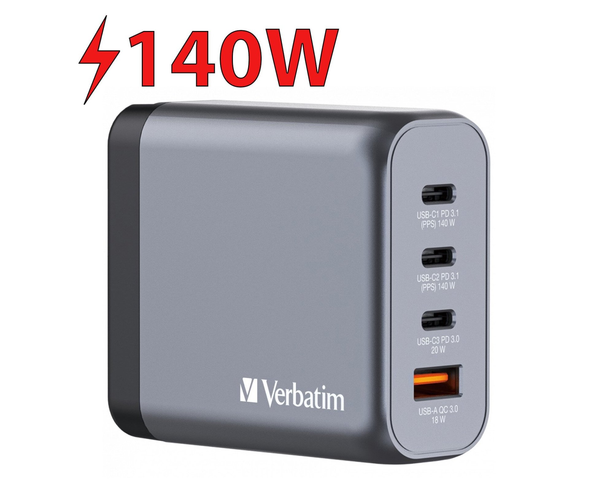 Ładowarka sieciowa VERBATIM GNC-140 GaN 140W + Adapter EU/UK/US Szary