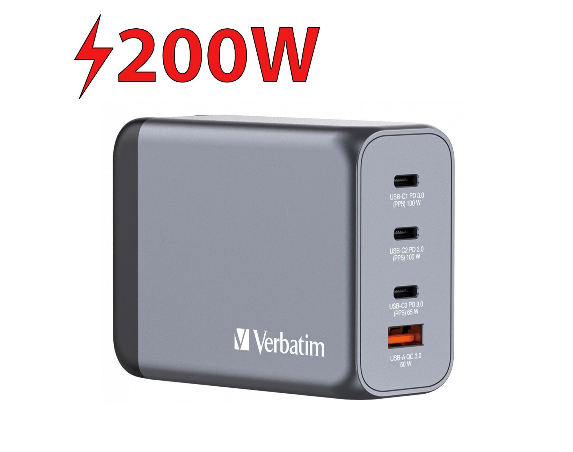 Ładowarka sieciowa VERBATIM GNC-200 GaN 200W + Adapter EU/UK/US Szary