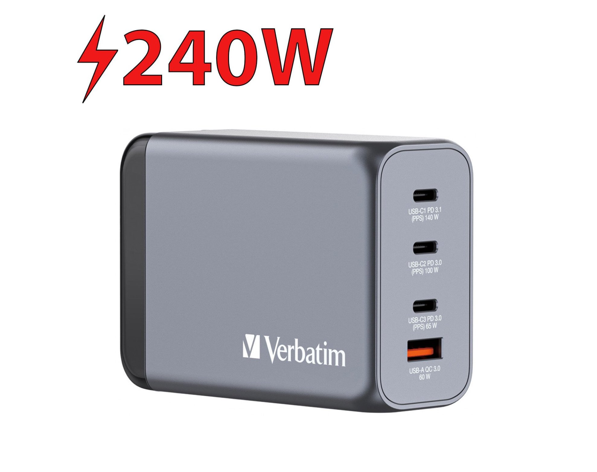 Ładowarka sieciowa VERBATIM GNC-240 GaN 240W  + Adapter EU/UK/US Szary
