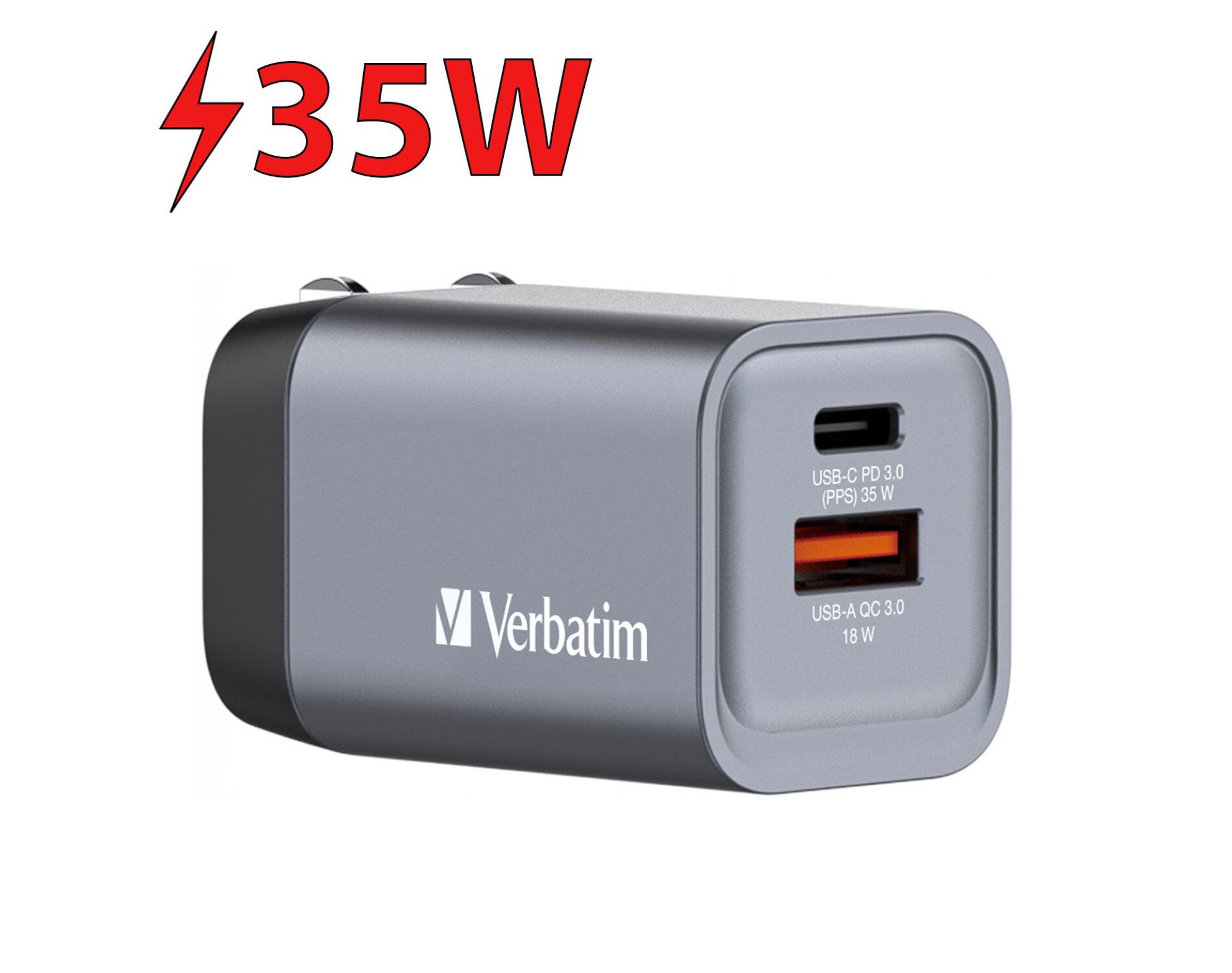 Ładowarka sieciowa VERBATIM GNC-35 GaN 35W + Adapter EU/UK/US Szary