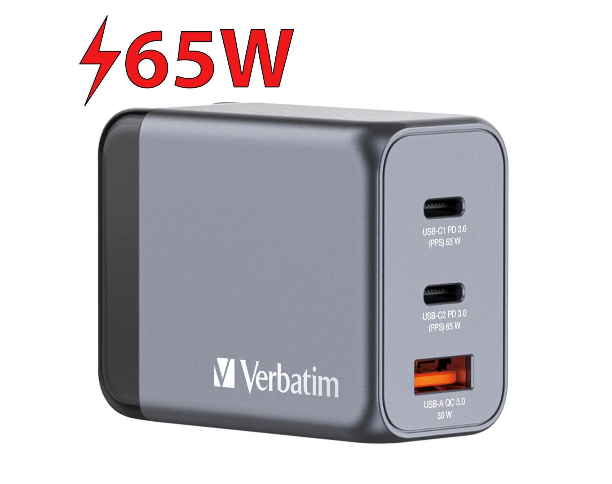 Ładowarka sieciowa VERBATIM GNC-65 GaN 65W + Adapter EU/UK/US Szary