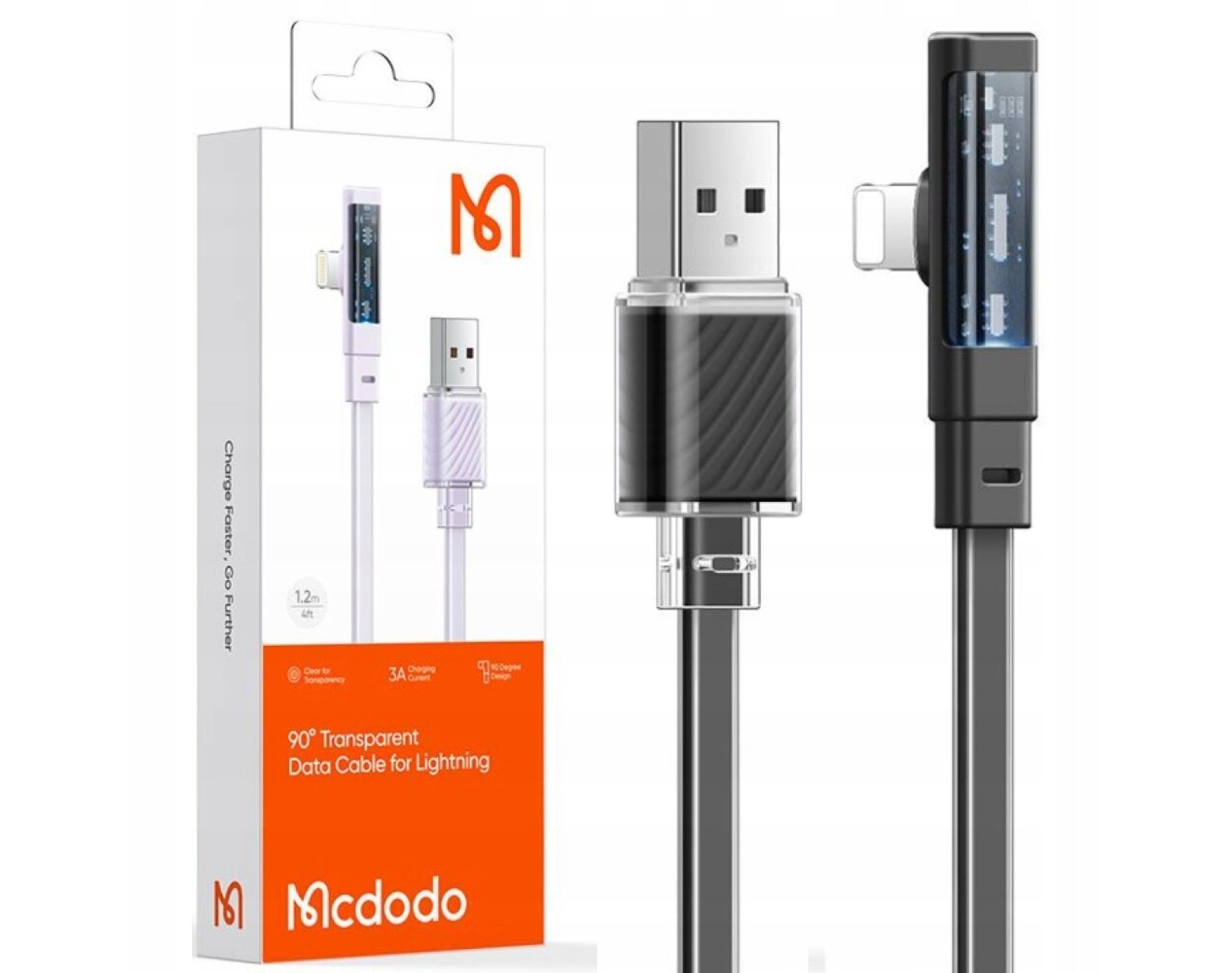 Mcdodo Kabel Kątowy USB Lightning Płaski 36W Do iPhone 12 13 14 Czarny 1M