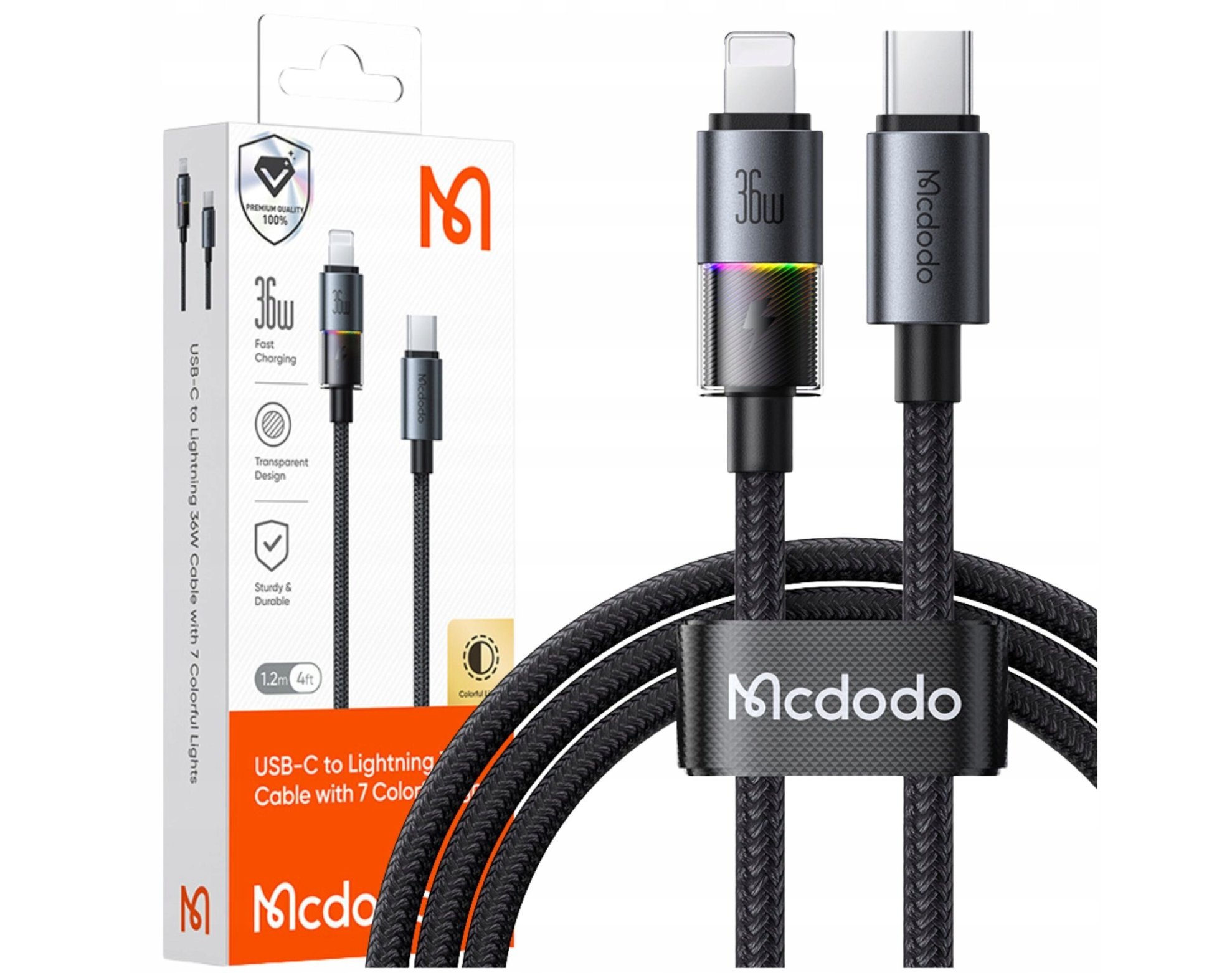 Mcdodo Kabel USB-C Szybkie Ładowanie Do iPhone Lightning 36W 1M LED Czarny