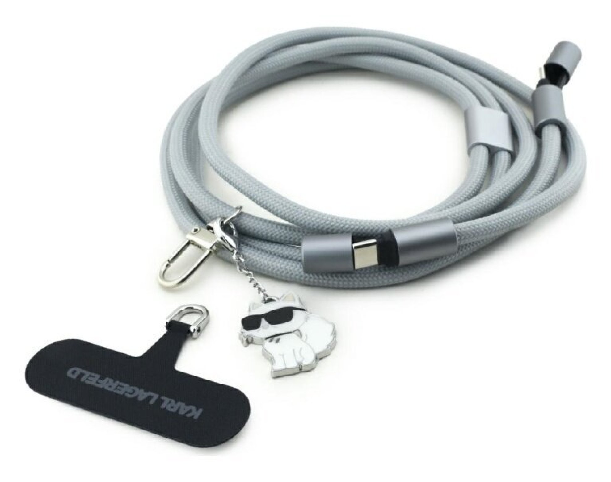 Smycz do telefonu z kablem do ładowania USB-C - USB-C KARL LAGERFELD Crossbody Strap Choupette Charm 60W 1.5 m Szary
