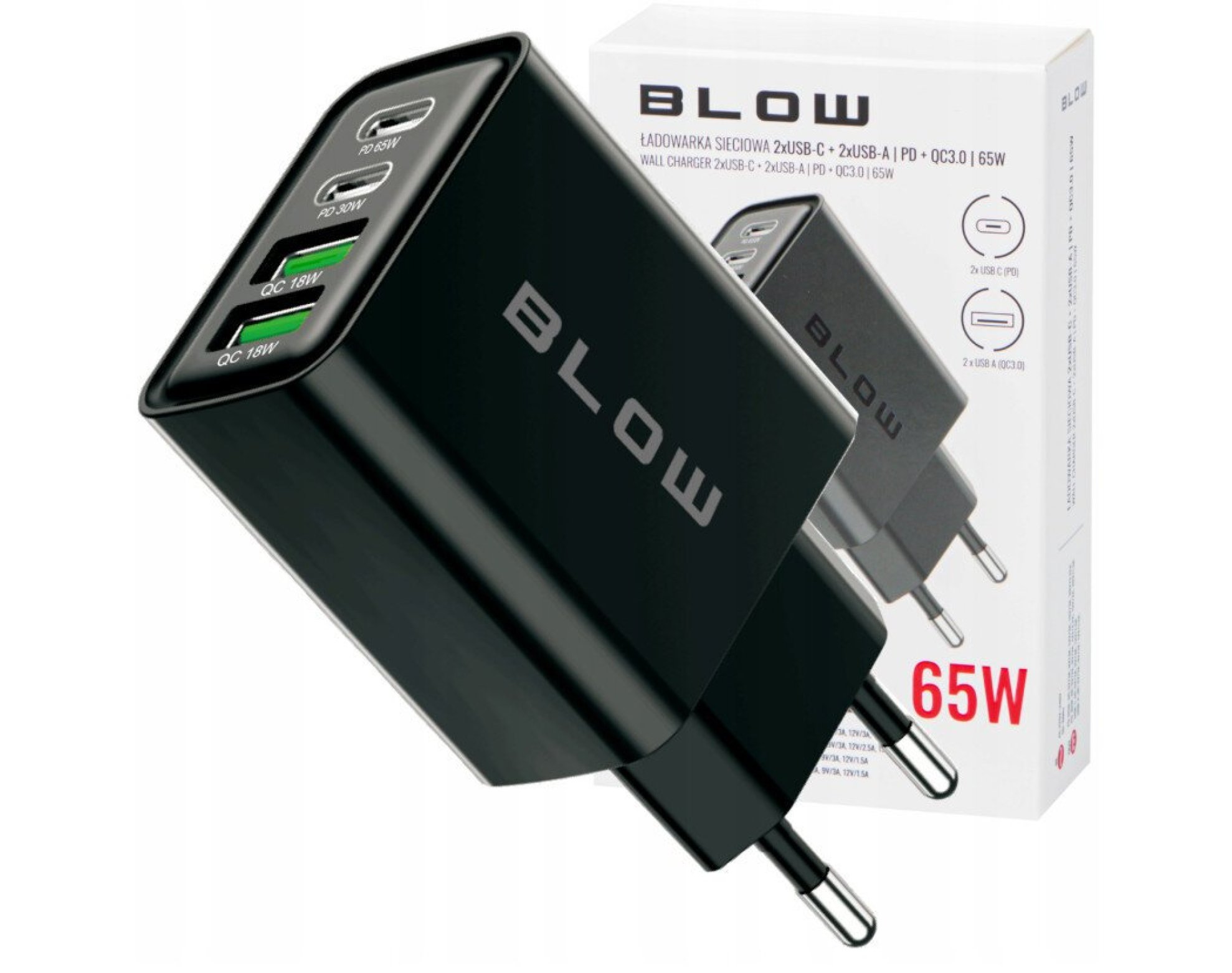 Szybka ładowarka sieciowa BLOW gniazdo 2x USB 2x USB-C QC 3.0 PD 65W uniwersalna