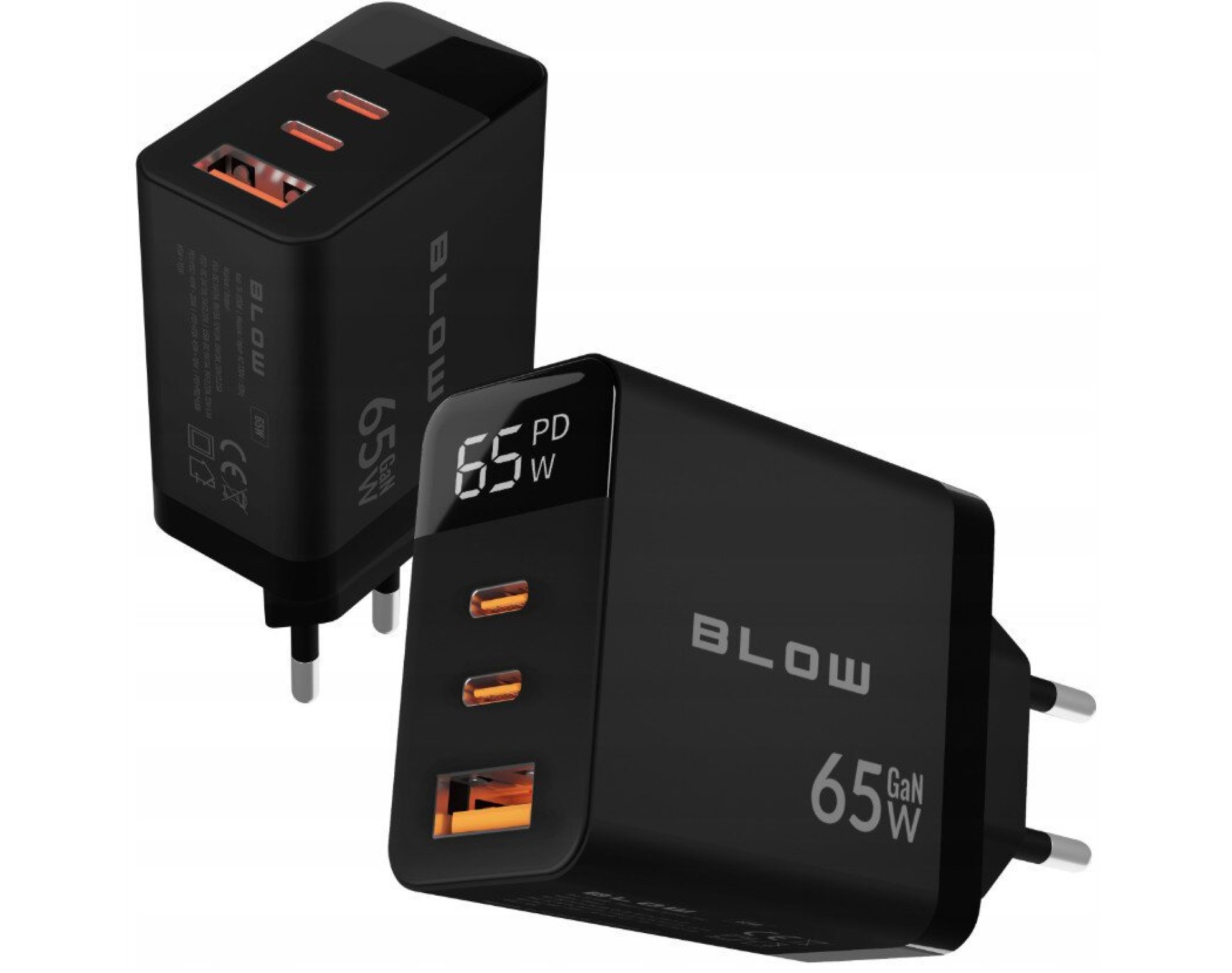 Szybka ładowarka sieciowa BLOW kostka LCD gniazdo USB 2x USB-C PD QC 3.0 65W GA