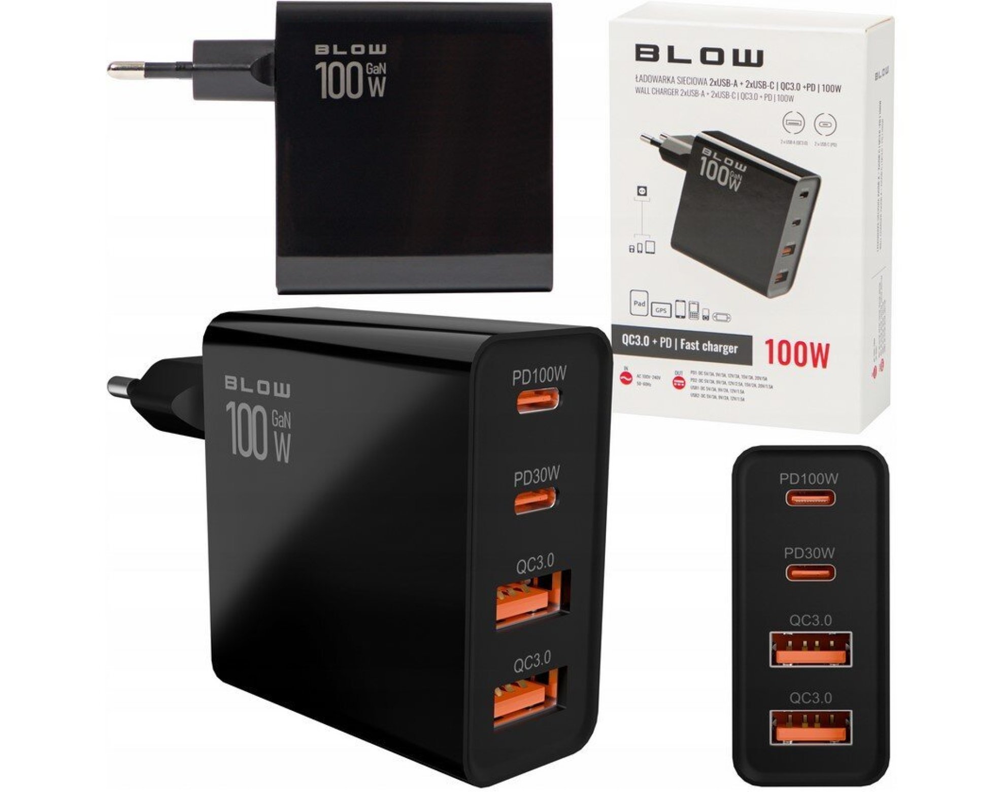 Szybka Ładowarka Sieciowa GAN BLOW 100w 2x USB 2x USB-C Qc 3.0 + Pd Uniwersalna