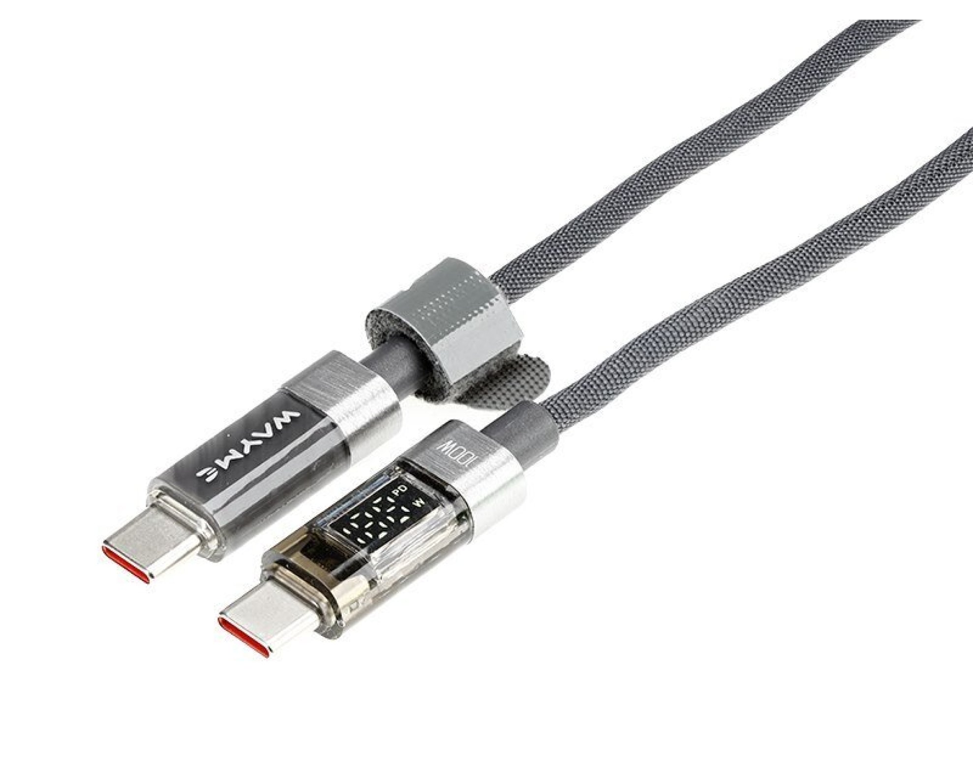 Wayme kabel do ładowania i synchronizacji, w oplocie z mikrofibry, 100 cm, USB-C > USB-C, max 100W z wyświetlaczem, szary