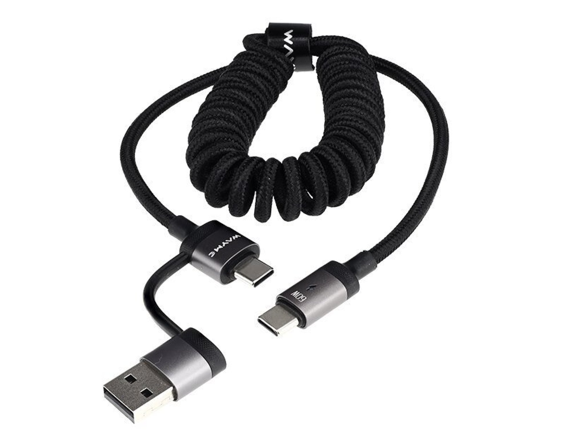 Wayme kabel do ładowania i synchronizacji, w oplocie z mikrofibry, spiralny, 50 - 150 cm, USB / C > USB-C, max 60W