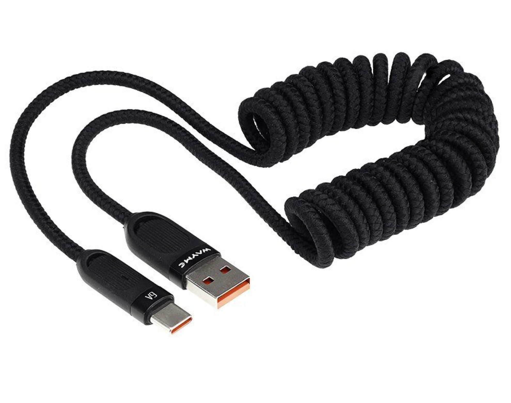 Wayme kabel do ładowania i synchronizacji, w oplocie z mikrofibry, spiralny, 50 - 180 cm, USB > USB-C, max 100W, czarny