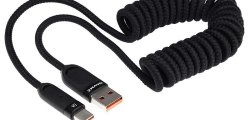 Wayme kabel do ładowania i synchronizacji, w oplocie z mikrofibry, spiralny, 50 - 180 cm, USB > USB-C, max 100W, czarny