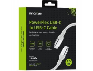 Innostyle Powerflex kabel USB-C szybkie ładowanie do iPhone Samsung 3A 60W Kevlar 2M srebrny