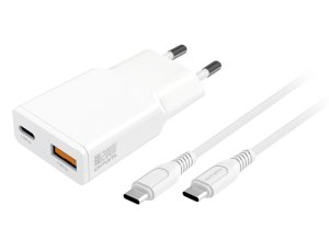 Ładowarka sieciowa 4SMARTS PDPlug Slim Duos 20W GaN + Kabel USB-C - USB-C Biały