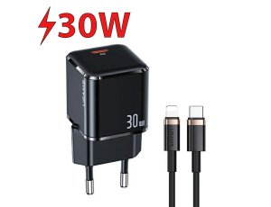 Ładowarka sieciowa USAMS T45 30W Czarny + kabel USB-C - Lightning