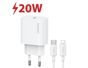 Ładowarka sieciowa USAMS T65 OYXLTZ02 20W Biały + Kabel UBS-C - Lightning