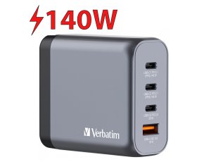Ładowarka sieciowa VERBATIM GNC-140 GaN 140W + Adapter EU/UK/US Szary