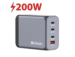 Ładowarka sieciowa VERBATIM GNC-200 GaN 200W + Adapter EU/UK/US Szary
