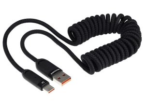 Wayme kabel do ładowania i synchronizacji, w oplocie z mikrofibry, spiralny, 50 - 180 cm, USB > USB-C, max 100W, czarny