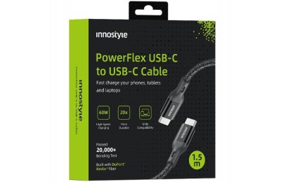 Innostyle Powerflex Kabel USB-C szybkie ładowanie do iPhone Samsung 3A 60W Kevlar 2M czarny