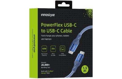 Innostyle Powerflex kabel USB-C szybkie ładowanie do iPhone Samsung 3A 60W Kevlar 2M niebieski