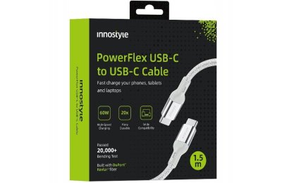Innostyle Powerflex kabel USB-C szybkie ładowanie do iPhone Samsung 3A 60W Kevlar 2M srebrny