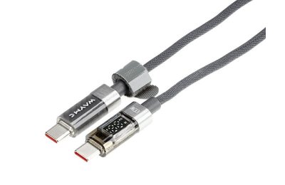 Wayme kabel do ładowania i synchronizacji, w oplocie z mikrofibry, 100 cm, USB-C > USB-C, max 100W z wyświetlaczem, szary